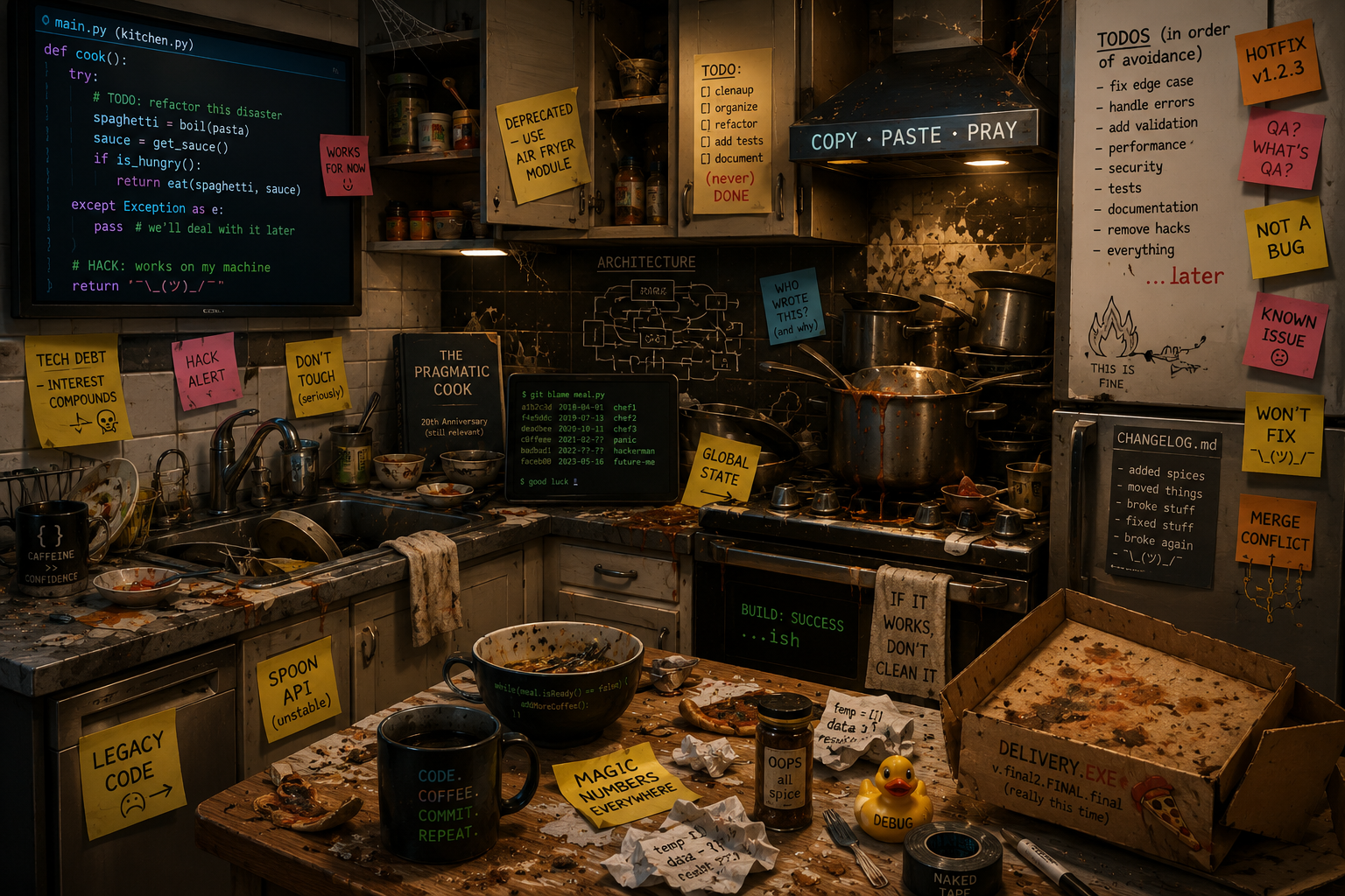 A messy kitchen covered in programming-themed sticky notes and TODOs