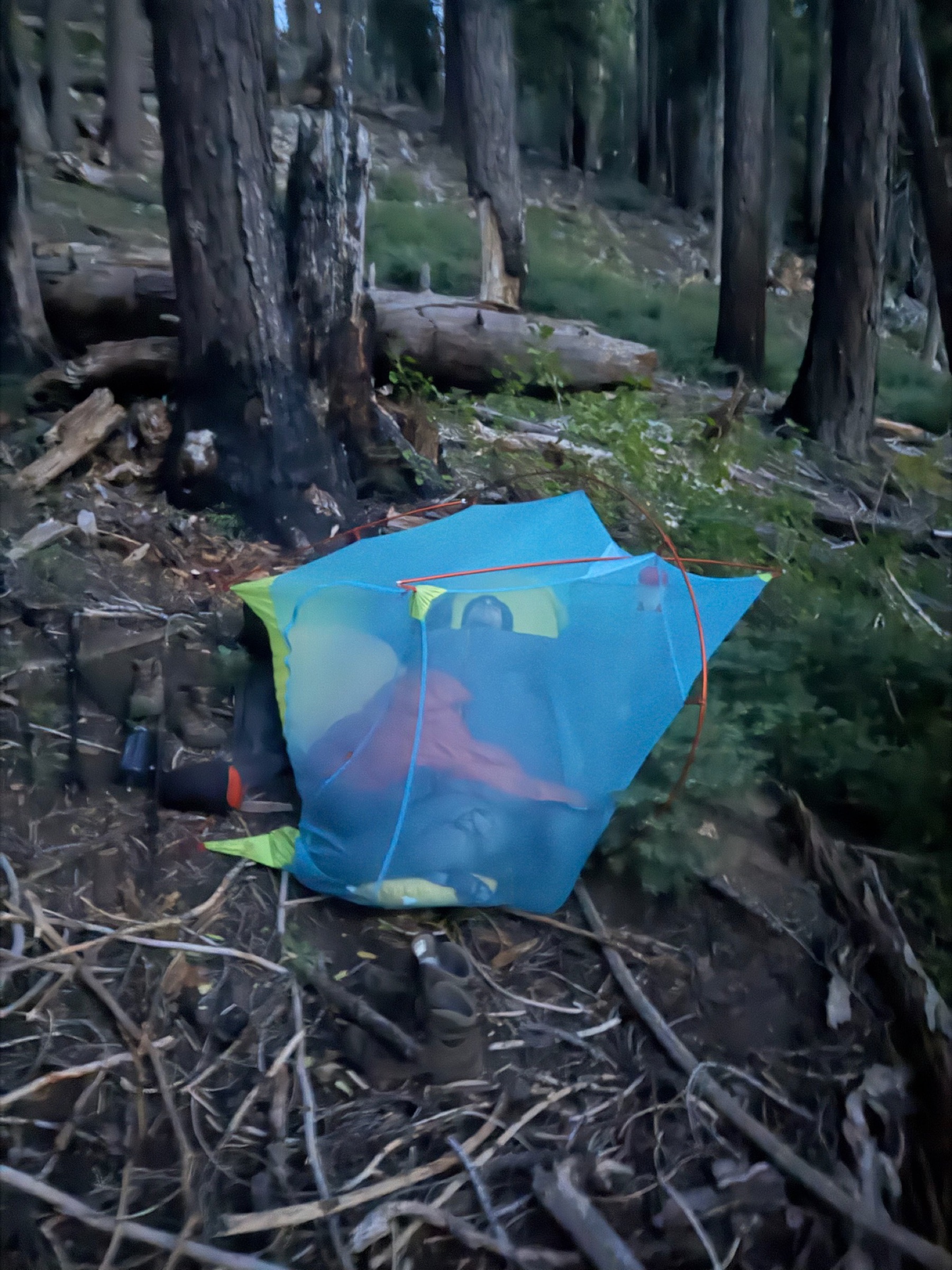 Max's tent, half-slid down the hill